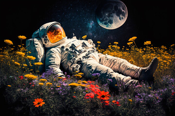 Wall Mural - astronaut or space man relaxing on a planet on a beautiful field of flowers. freedom and creativity 