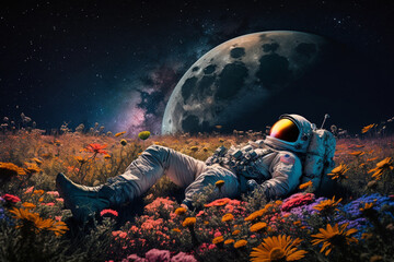 Wall Mural - astronaut or space man relaxing on a planet on a beautiful field of flowers. freedom and creativity 