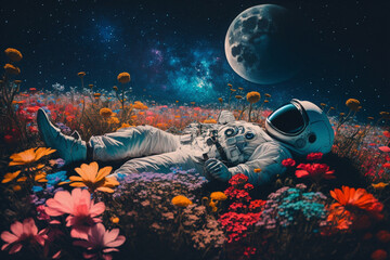 astronaut or space man relaxing on a planet on a beautiful field of flowers. freedom and creativity 