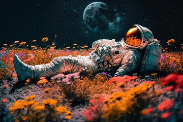Wall Mural - astronaut or space man relaxing on a planet on a beautiful field of flowers. freedom and creativity 