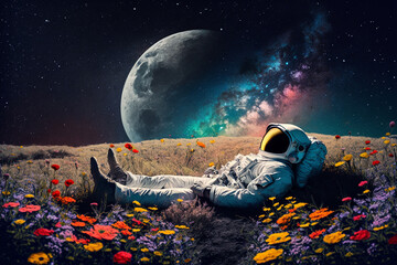 Wall Mural - astronaut or space man relaxing on a planet on a beautiful field of flowers. freedom and creativity 