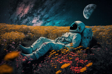 Wall Mural - astronaut or space man relaxing on a planet on a beautiful field of flowers. freedom and creativity 