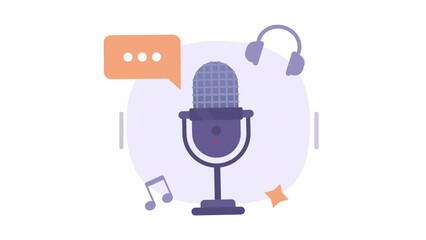 Fototapete - Animated podcasting microphone. Recording comments, songs. Commentator job. 2D cartoon flat icon 4K video footage on white with alpha channel transparency. Concept animation for web design