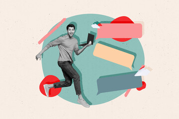 Aufkleber - Composite collage picture of overjoyed cheerful black white effect guy jump run hold netbook empty space dialogue bubble