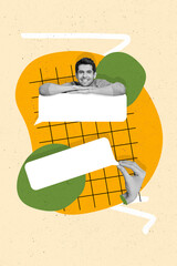 Poster - Vertical collage picture of mini black white gamma cheerful guy big hand fingers hold empty space dialogue bubble