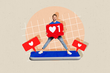 Fototapete - Creative collage picture of overjoyed positive mini guy stand huge smart phone display hold like notification isolated on drawing background