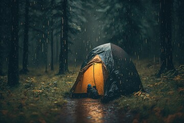 camping rain. hiking in nature in bad weather. ai generated
