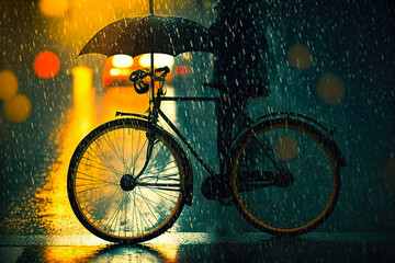 Poster - bicycle rain. riding around the night city. AI generated