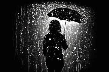 Poster - rain black background. man with umbrella in bad weather. AI generated