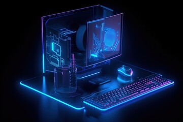 Aufkleber - Gaming PC computer glowing in dark. Futuristic, modern illustration. Innovative technologies. Generative ai