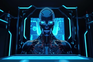 Poster - Artificial intelligence in the image of the robot's head.Futuristic, modern illustration. Innovative technologies. Generative ai