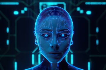 Poster - Artificial intelligence in the image of a woman working with data.Futuristic, modern illustration. Innovative technologies. Generative ai