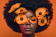 Black woman with afro hair covering her eyes with flowers on a colorful background. Generative AI