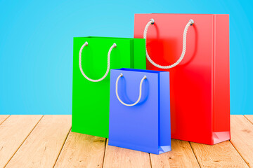 Poster - Shopping bags on the wooden table, 3D rendering