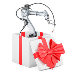 Poster - Robot welding inside gift box, present concept. 3D rendering