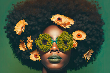 Black woman with afro hair covering her eyes with flowers on a colorful background. Generative AI