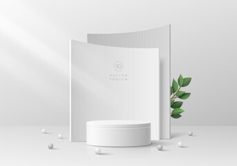 3D realistic white cylinder pedestal podium background with curve layers backdrop and green leaf. Minimal wall scene mockup product stage showcase, Promotion display. Abstract vector geometric forms.