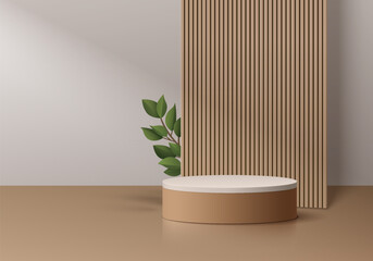 3D realistic white gray cylinder pedestal podium background with vertical wood and green leaf. Wall minimal scene mockup products stage showcase, Banner promotion display. Vector abstract empty room.