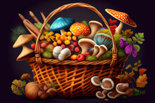 Basket Full Of Mushrooms Of Different Species. Generative Ai