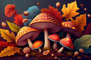 Wall Mural - Mushrooms growing amidst fallen leaves in autumn forest. Generative Ai