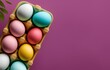 © Marling - A box of colorful eggs on a purple background  - AI Generated