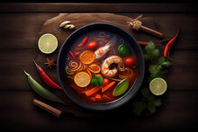 Traditional Spicy Thai Tom Yam Soup On A Wooden Table. Generative Ai