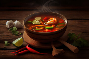 Wall Mural - Tom Yam soup with seafood on black bowl on grey wooden table. Generative Ai