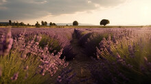 Lavender Field In The Summer Morning, Typical Provence Landscape