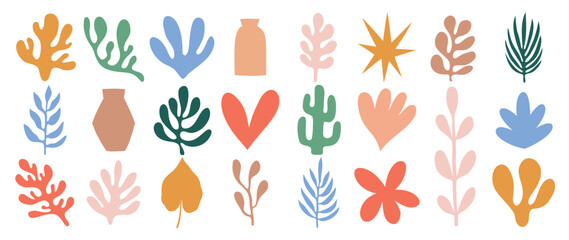 set of abstract organic shapes inspired by matisse. plants, cactus, leaf, algae, vase in paper cut c