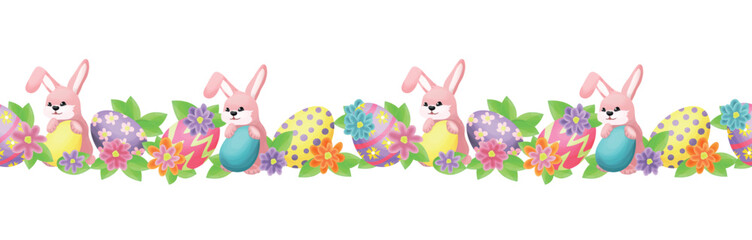 Wall Mural - Seamless border with cute bunnies and Easter eggs against a background of leaves, flowers, and butterflies. Eggs in pink, yellow and blue.