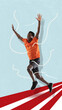 © Lustre Art Group  - Lively male african football player running with hands up and rejoice win. Contemporary art collage, poster. Concept of creativity, action, energy, sport, competition and ad.