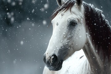 Poster - white horse in nature in winter. AI generated