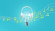 light bulb idea concept with melody music on blue background. 3D Rendering.