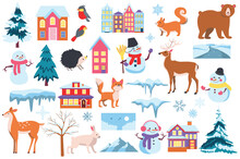 Winter Landscape Elements Set Concept In The Flat Cartoon Design. Images Of Houses, Landscapes, Animals And Other Elements Symbolizing Winter. Vector Illustration.