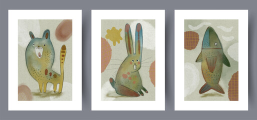 Wall Mural - animal fauna rabbit fish wall art print. printable minimal abstract poster. wall artwork for interio