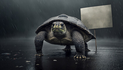 A turtle standing among the piles of plastic waste and the rain,Concept of saving the world. Generative AI.