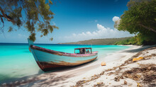 Beautiful Caribbean Sea And Boat On The Shore Of Exotic Tropical Island, Panoramic View From The Beach