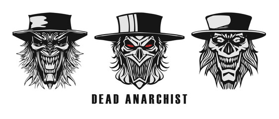 Wall Mural - Vector monochrome set of heads of a scary terrible smiling dead anarchist in a hat. Vampire logo, icon or sticker. White isolated background.