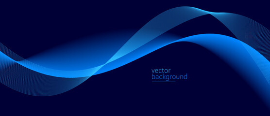 Wall Mural - Smooth flow of wavy shape with gradient vector abstract background, dark blue design curve line energy motion, relaxing music sound or technology.