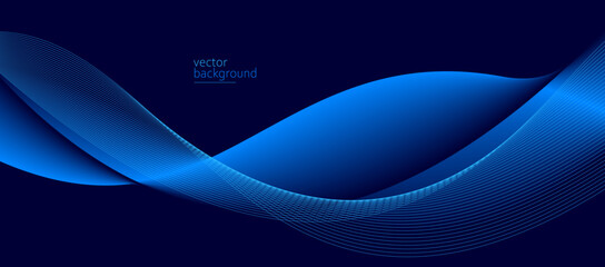 Wall Mural - Smooth flow of wavy shape with gradient vector abstract background, dark blue design curve line energy motion, relaxing music sound or technology.