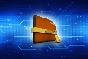 Poster - 3D rendering Yellow folder and lock. Data security concept