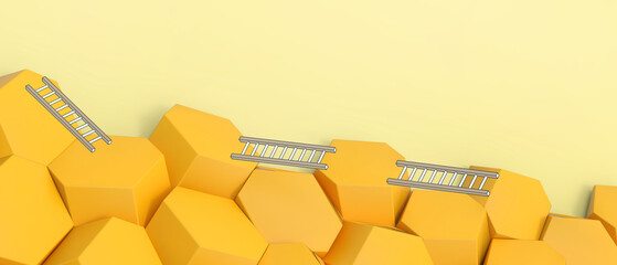 Poster - Startup concept. ladder to success of doing business in developing the goals of online marketing on Yellow. copy space, software, digital, banner -3d Rendering