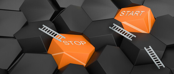 Poster - Startup to ladder concept and New business ideas and development of goals for future success concept on Black background. copy space, digital, banner, software, website -3d Rendering