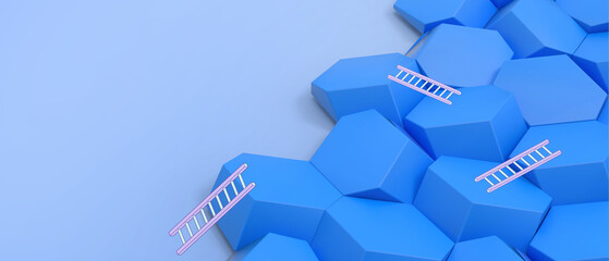 Poster - Startup concept. ladder to success in doing business with solving problems in the future of business on Blue background. copy space, digital, banner, software, website -3d Rendering