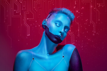 Wall Mural - Young girl in image of futuristic cyborg robot with bare shoulders against pink digital studio background in neon light. Cyberpunk style. Concept of futurism, surrealism, digital world, robot, art