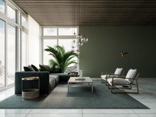 modern interior with green sofa and two white armchairs. luxury home living room design. 3d renderin