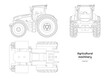 Outline farmer tractor drawing. Isolated agricultural machine. Top, side and front views of farmer vehicle. Industrial blueprint