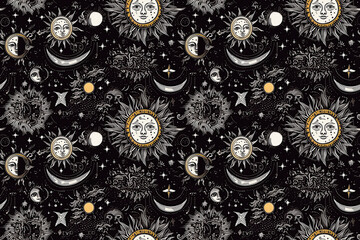 Wall Mural - Seamless pattern with a pattern of the night sky with the moon and crescent moon and stars. Generative AI. Can be used for textiles, yoga mats, phone cases