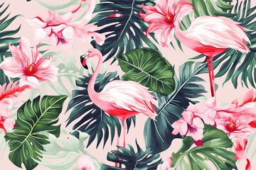 Generative AI. Floral seamless background with a tropical pattern of pink flamingos with exotic flowers, palm leaves. Botanical wallpaper.