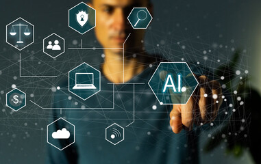 Poster - Artificial Intelligence Industry. Integration Computing Concept. Man presses brain AI gears button on virtual screen. Smart industrial technology.